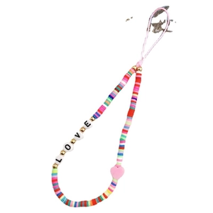 Handmade colorful polymer clay phone wrist strap with LOVE letter beads and pink heart charm