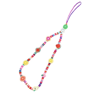Handmade fruit theme phone strap with colorful clay beads and acrylic star accents