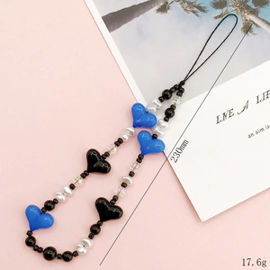 Acrylic heart beaded phone strap with pearls and black accents, length 230mm