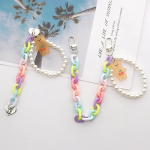 Acrylkette Handy Anhänger Künstliche Perle Bär Anhänger Süße Macaron Farbe Tasche Zubehör Handgeperlt Herz Schnalle Schlüsselanhänger