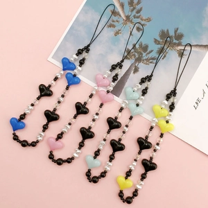 Handmade Beaded Heart Phone Chain Acrylic Faux Artificial Pearl Strap Anti-Lost Korean Style Mobile Charm For Women Girls Accessory