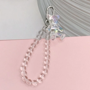 Iridescent resin bear pendant with transparent beads and silver carabiner clip