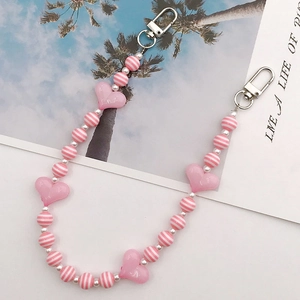 Handmade beaded handle chain with pink acrylic hearts and striped resin round beads