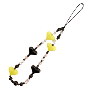 Handmade acrylic heart bead phone charm strap with yellow and black contrast beads