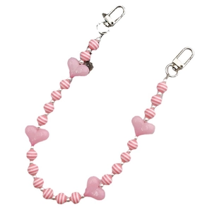 Sweet pink acrylic heart beaded chain with striped resin beads and silver lobster clasps
