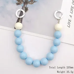 Light blue 16mm acrylic beaded phone strap with white ring clasps, 255mm length