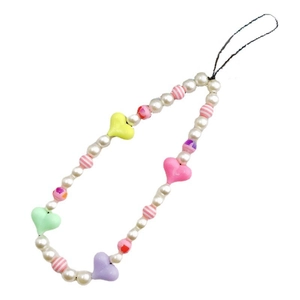 Colorful acrylic heart beads and pearl phone charm strap with pastel macaron colors