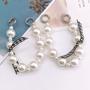 Faux Artificial Pearl Phone Chain Bowknot Houndstooth Ribbon Bag Charm Silver Spring Ring Buckle DIY Accessory For Women Decoration