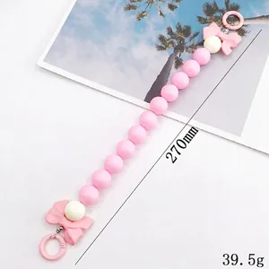 Charme de sac en perles acryliques avec nœud rose et anneaux métalliques, longueur 270mm