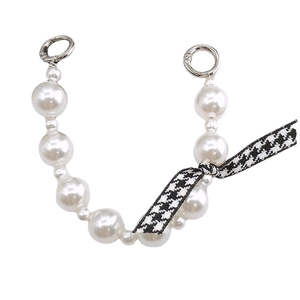Faux pearl phone strap chain with houndstooth bow and silver spring ring clasps