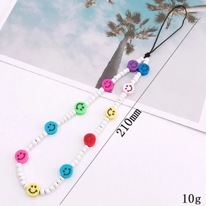 Colorful smiley face beaded phone lanyard with white pearls and 210mm total length
