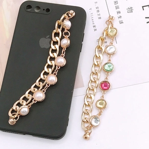 Dual chain set with colorful gemstones and pearls for DIY mobile phone case decoration