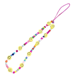 Colorful beaded phone lanyard with candy-colored beads and yellow smiley faces on white base