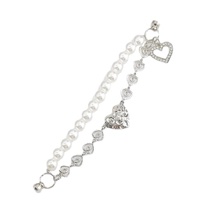 Elegant pearl and silver heart chain phone strap with sparkling rhinestone pendant charms