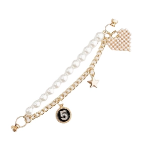 Dual-layer gold chain bracelet with white pearls and heart star charms for DIY phone cases