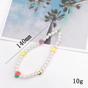 Colorful polymer clay fruit beaded phone strap with white pearls and bear charms