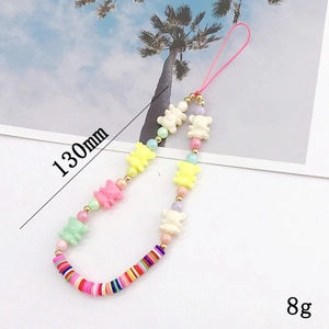Colorful polymer clay beaded phone strap with resin bear charms and macaron beads