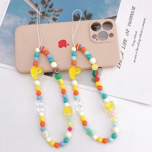 Colorful beaded phone wrist strap featuring cartoon ducks and mixed resin fruit charms