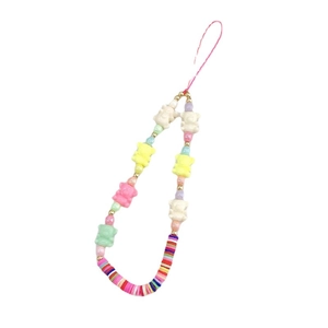Colorful polymer clay phone strap with cute macaron bear beads on a white background