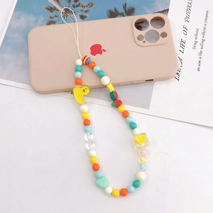 Colorful beaded phone strap with cute yellow duck charms and fruit resin pendants