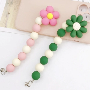 Matte Lacquered Flower Beaded Phone Strap For Women Cute Resin Beads Anti-Drop Phone Charm Fresh Floral Mobile Accessory
