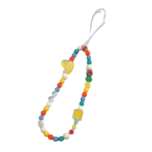 Handmade Y2K colorful beaded phone strap with cute duck, fruit charms, and a yellow bow