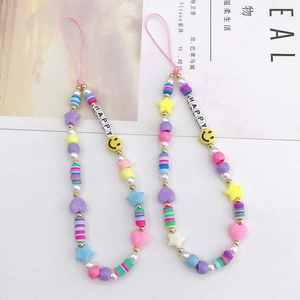 Colorful macaron beaded phone lanyard with Happy letters and heart star charms