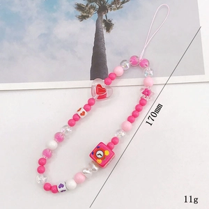 Pink and white acrylic beaded phone strap with heart and star charms, length 170mm