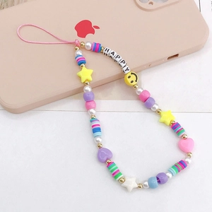 Detail of beaded phone strap with HAPPY letters and colorful smiley face beads