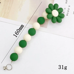 Pastel flower beaded phone charm with green sunflower and magnetic metal ring, 160mm