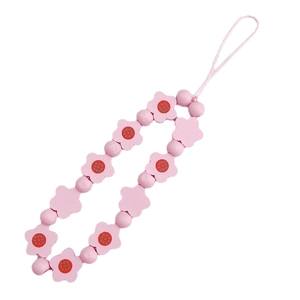 Pink wooden flower beaded mobile phone charm strap with round beads and pink loop