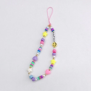 Macro detail of colorful acrylic phone strap with HAPPY letters and smiley face beads