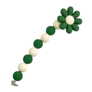 Green flower beaded mobile phone charm strap with rubber finish and secure metal clip
