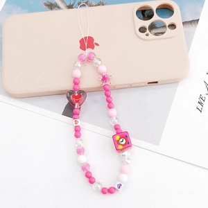 Sweet Pink Heart Beaded Phone Charm Acrylic Star Alarm Clock Decoration Anti-Lost Lanyard Wrist Strap For Women Girls