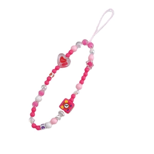 Handmade pink acrylic beaded phone charm with heart and star pendants for phone cases