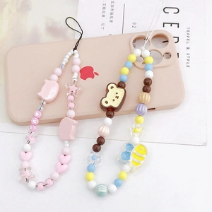 Cordon de téléphone perlé avec breloques d'éléphant rose et d'ours en résine colorée