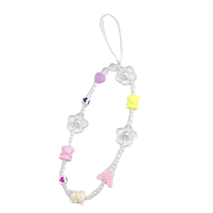 Handmade phone strap with acrylic bears, flowers and colorful macaron beads charm