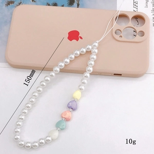 Dragonne de téléphone perlée à la main avec perles et cœurs macaron, longueur 150mm et 10g