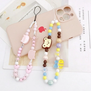 Dragonnes de téléphone en perles avec breloques chat et ours mignon, styles rose et coloré