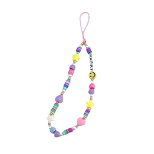Colorful Y2K beaded phone strap with HAPPY letters, smile faces and stars on white background