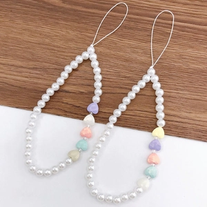 Cordon de Téléphone Perlé Fait à la Main Fausse Künstliche Perle Macaron Cœur Künstliche Perle Chaîne de Téléphone Portable Dragonne Anti-perte Ornement à Suspendre Pour Femme