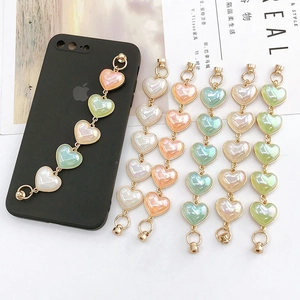 Colorful acrylic heart charm phone strap with pearlescent finish and gold metal clasps