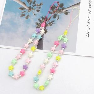 Star shaped candy colored beads and white pearls mobile phone charm strap accessory