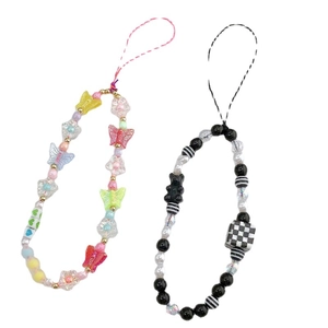Colorful butterfly and checkered bear beaded phone charms with braided lanyards