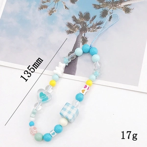 Blue and white handmade beaded phone charm with checkered cube and bear bead 135mm