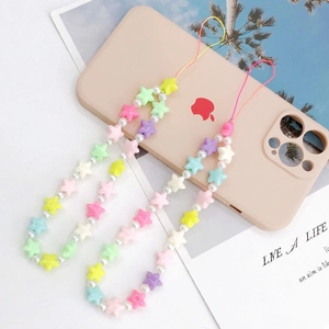 Macaron Colored Star Beaded Phone Lanyard Charm Acrylic Faux Artificial Pearl Star Phone Chain For Women Anti-Drop Phone Strap Jewelry