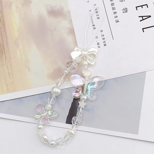 Beaded phone strap with white satin bow and iridescent butterfly charms for women