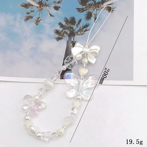 Iridescent butterfly beaded phone strap with pearls hearts and stars 200mm length