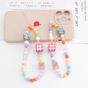 Handmade Kawaii Rabbit Beaded Phone Lanyard Charm Macaron Colorful Heart Beads Anti-Drop Wrist Strap Women Tech Accessories