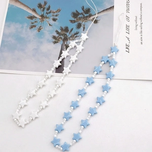 Pentagram beaded phone lanyard strap in white and sky blue colors for women